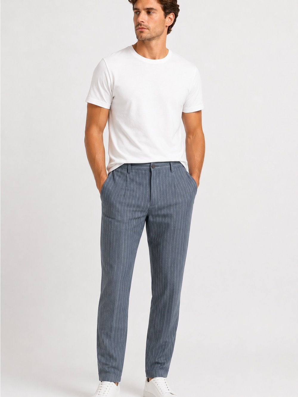Black Brown 1826 Men's 100% Linen Slate Blue Pinstripe Pants Casual Relaxed Fit